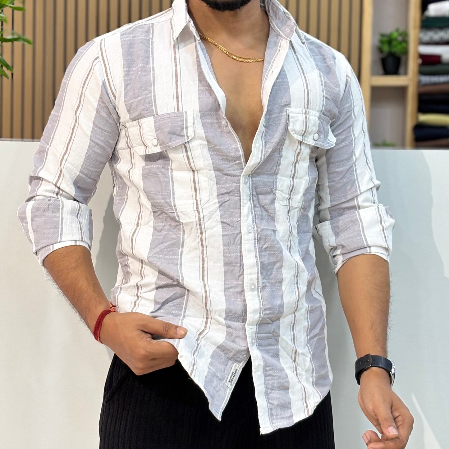 Grey Self Texture Stripe Shirt