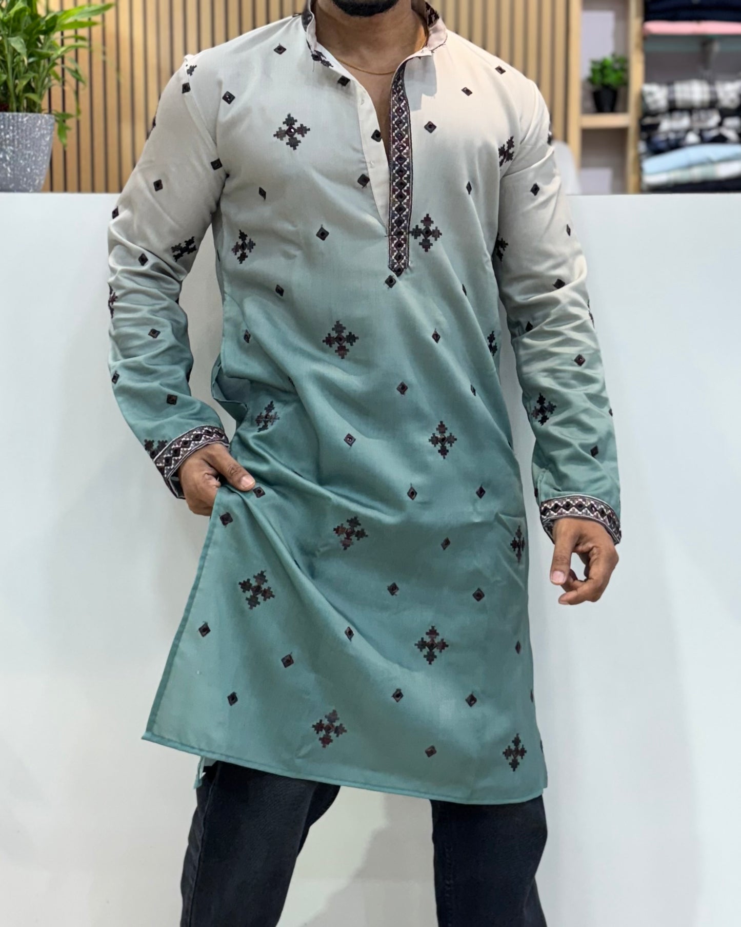 Premium Dual-Tone Embroidery Kurta Green