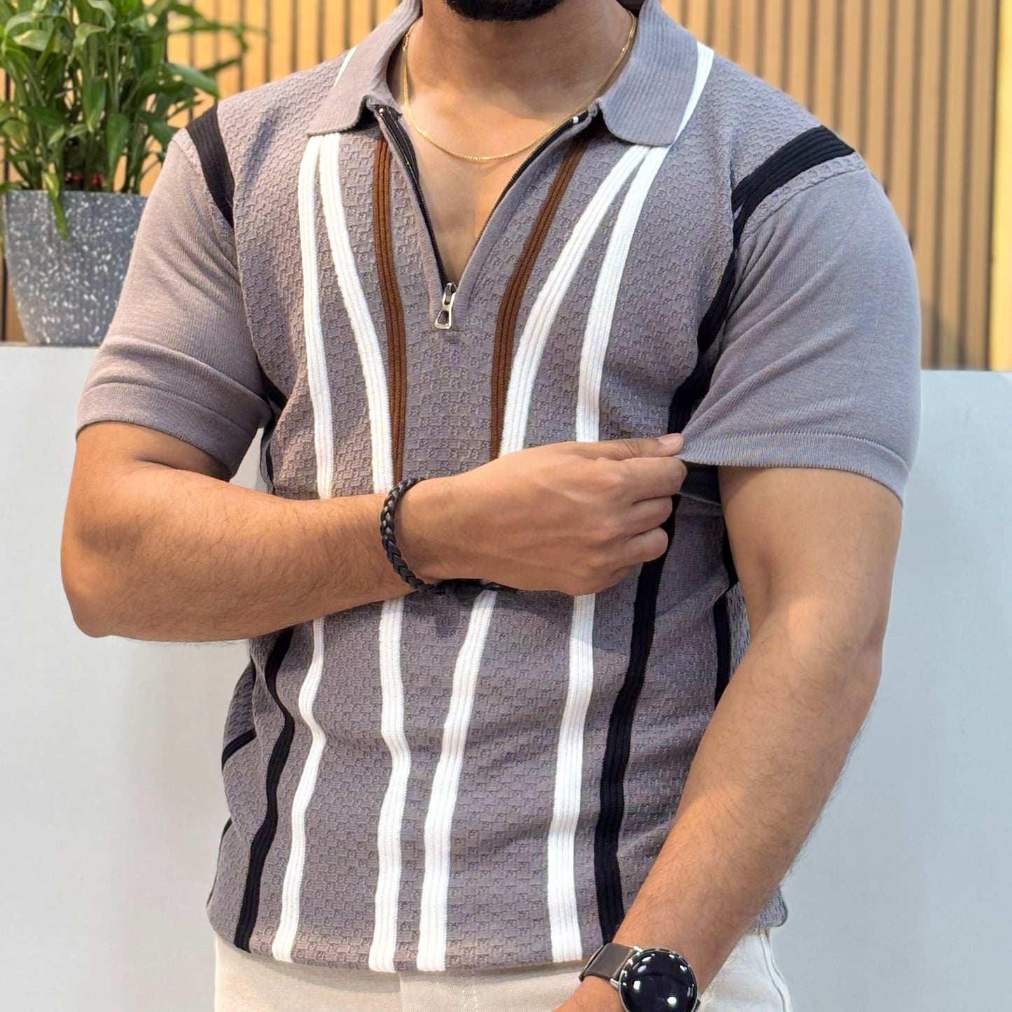 Polo Knit Cotton Blend Striped T-shirt Grey