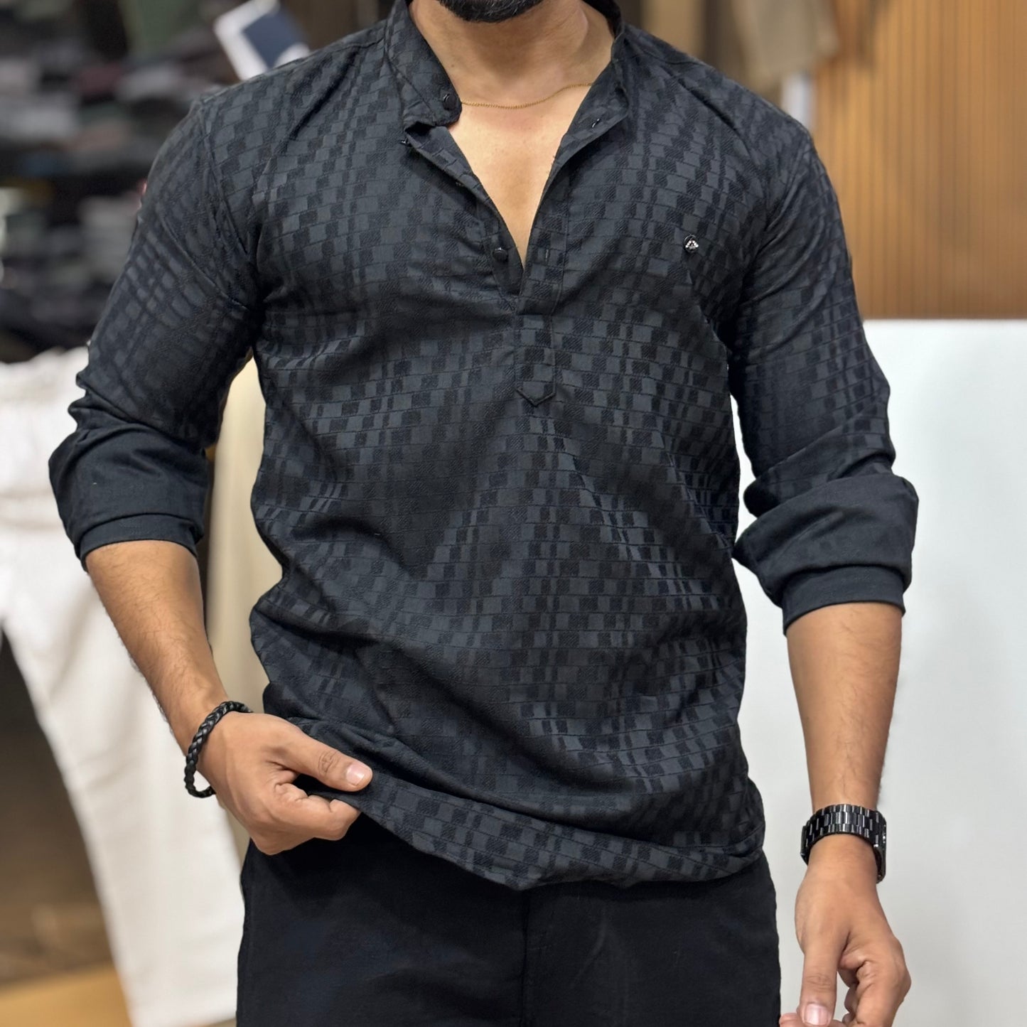 Black Self Texture Short Kurta