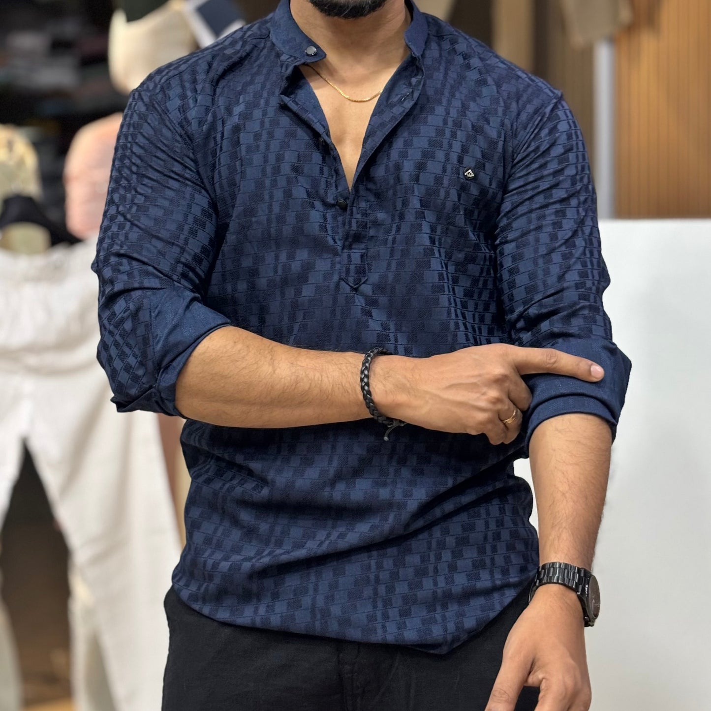 Blue Self Texture Short Kurta