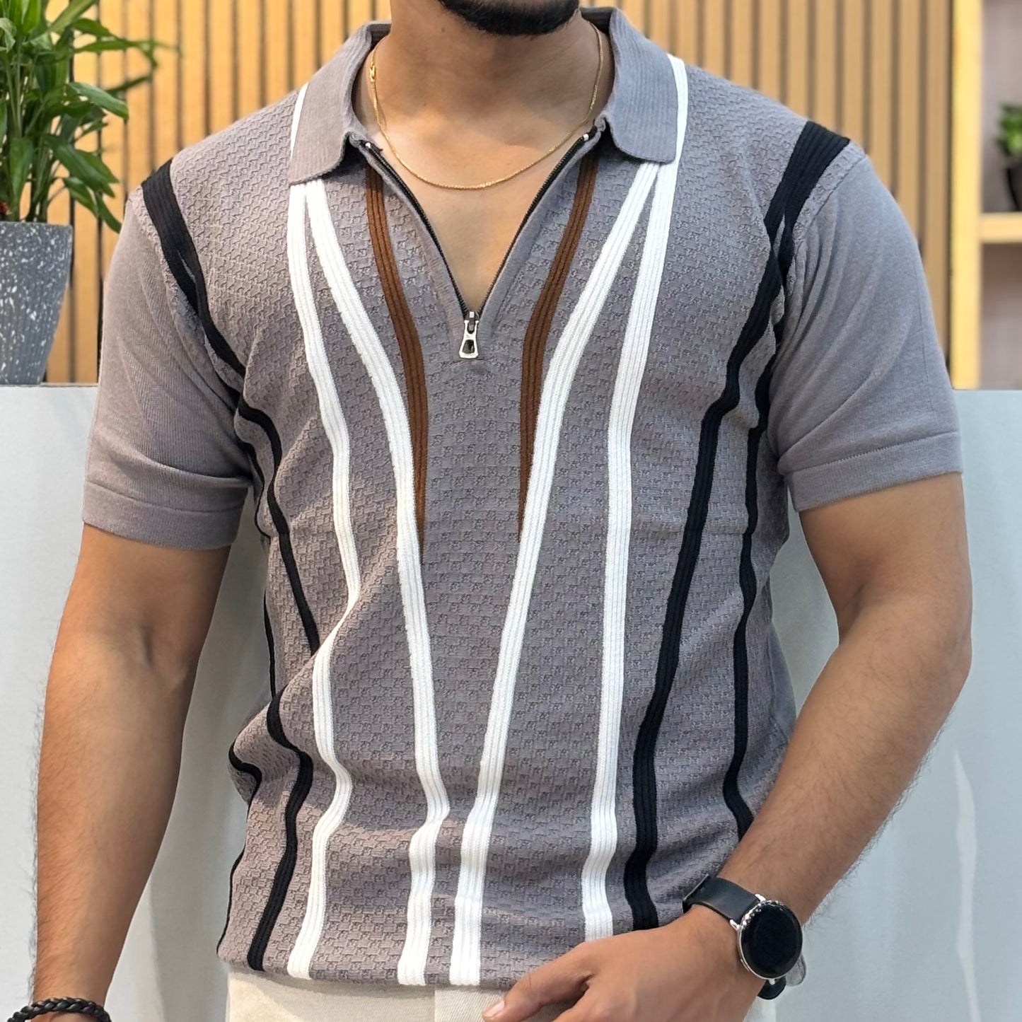 Polo Knit Cotton Blend Striped T-shirt Grey