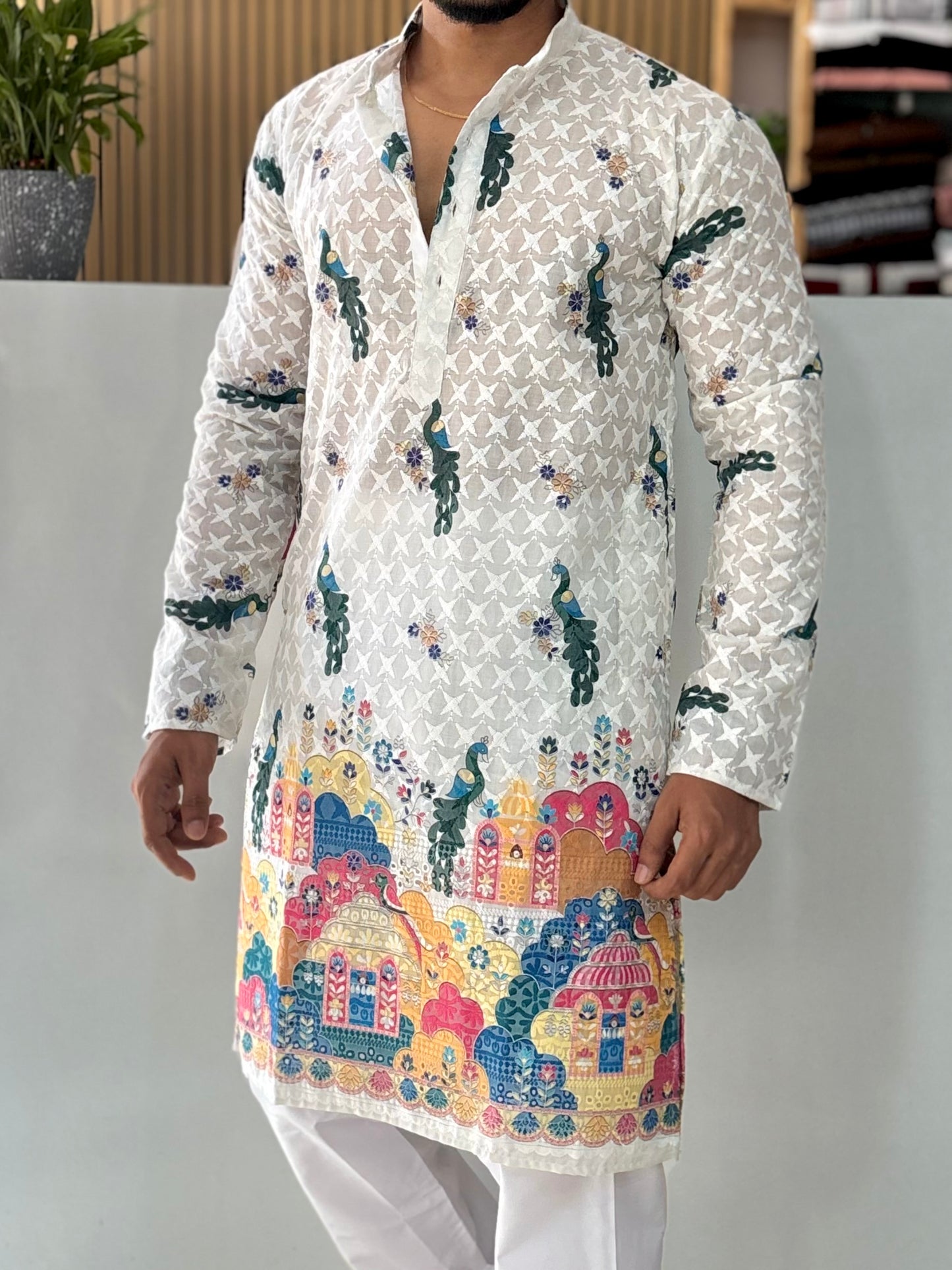 Peacock Motif Cotton Kurta With Crochet & Digital Print