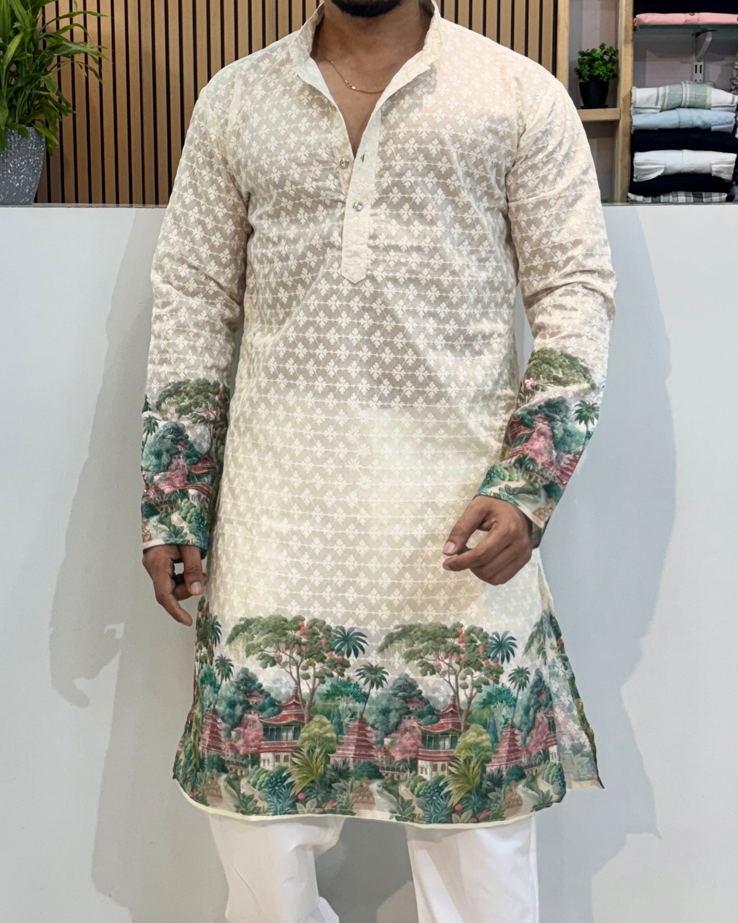 Cotton Kurta With Crochet & Heritage Scenic Digital Print