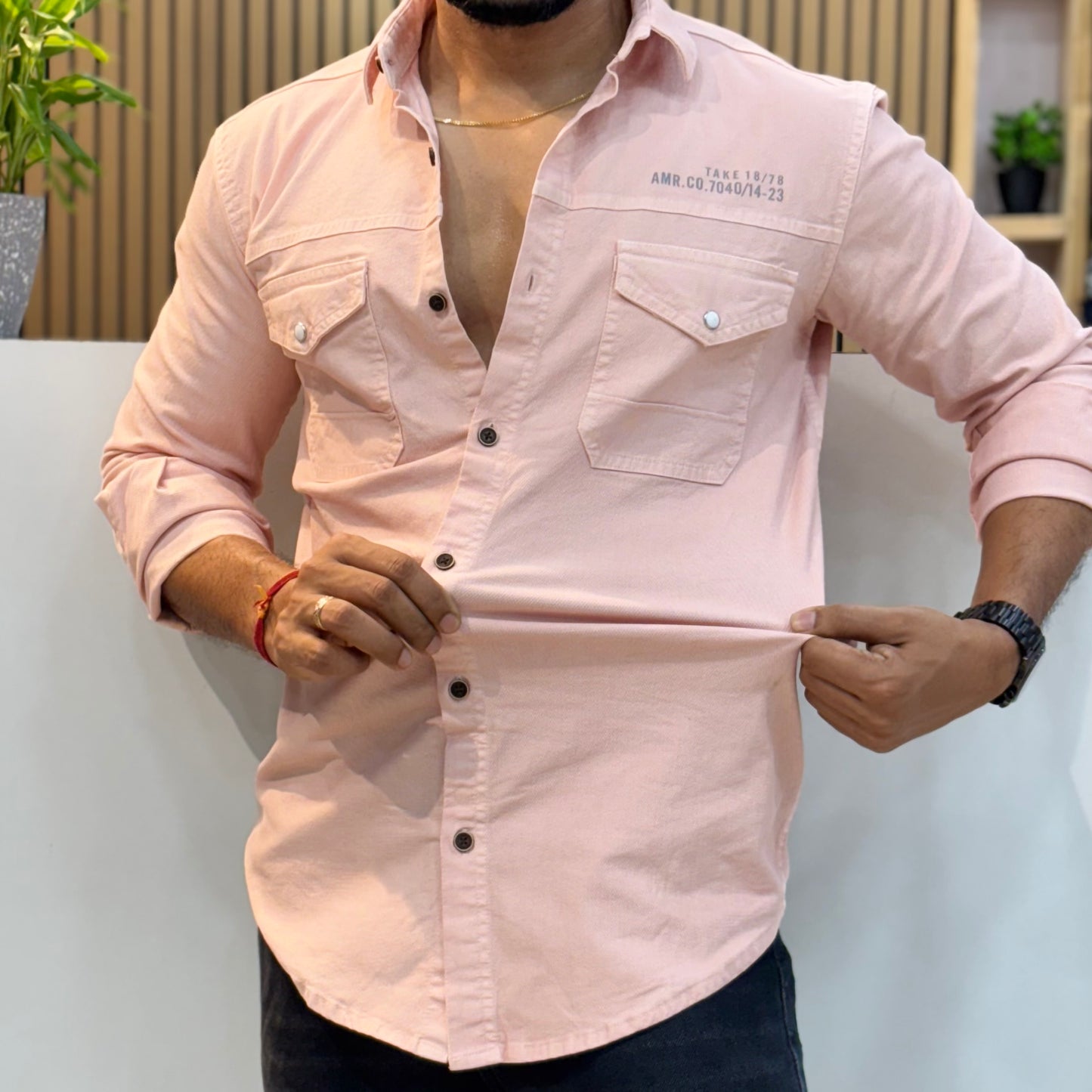 Peach Double Pocket Back Print Shirt