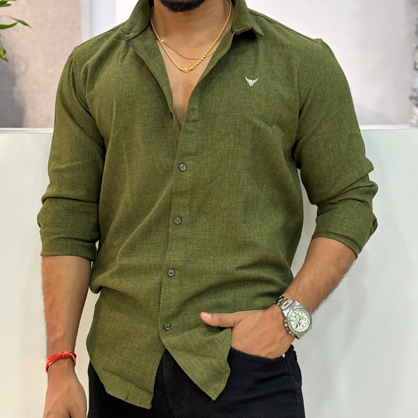 Green Linen Blend Shirt