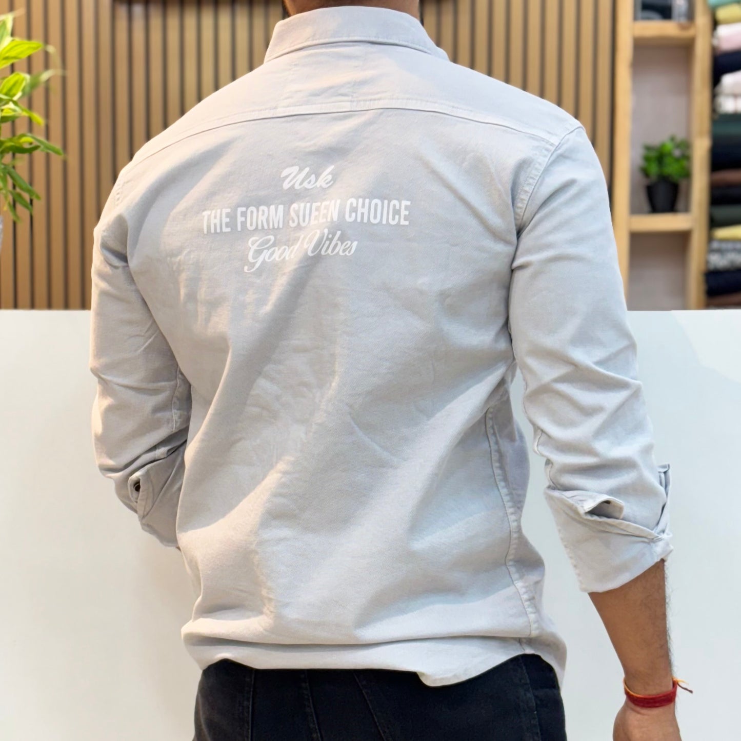 Grey Double Pocket Back Print Shirt