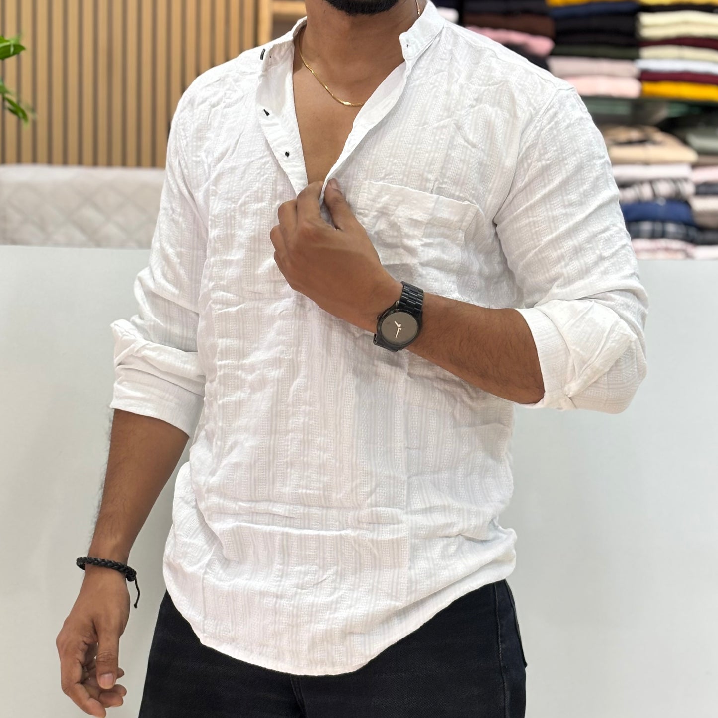 White Self Design Short Kurta