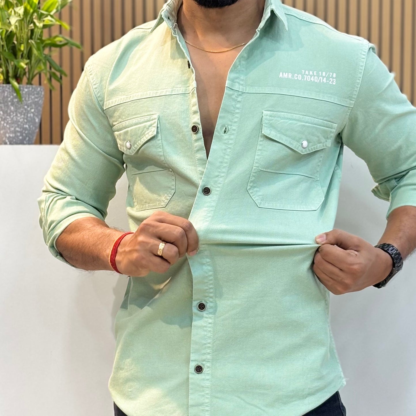 Sage Double Pocket Back Print Shirt
