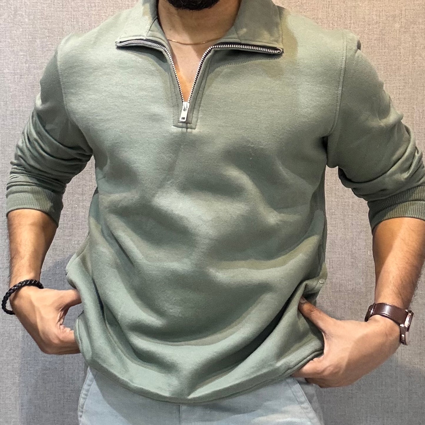 Polo Zipper Full Sleeve Sage Green Sweatshirt