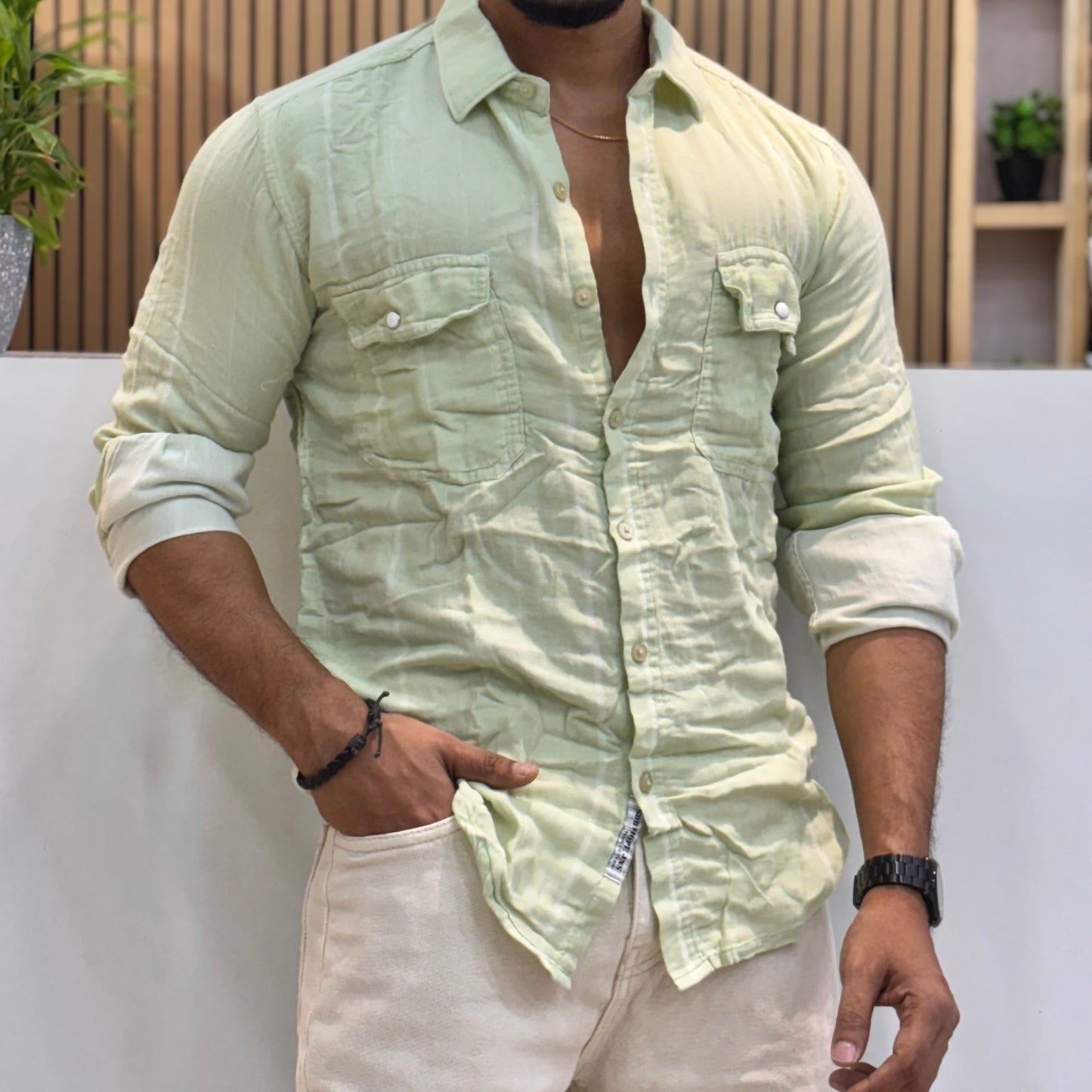 Linen Cotton Striped DP Shirt Light Green