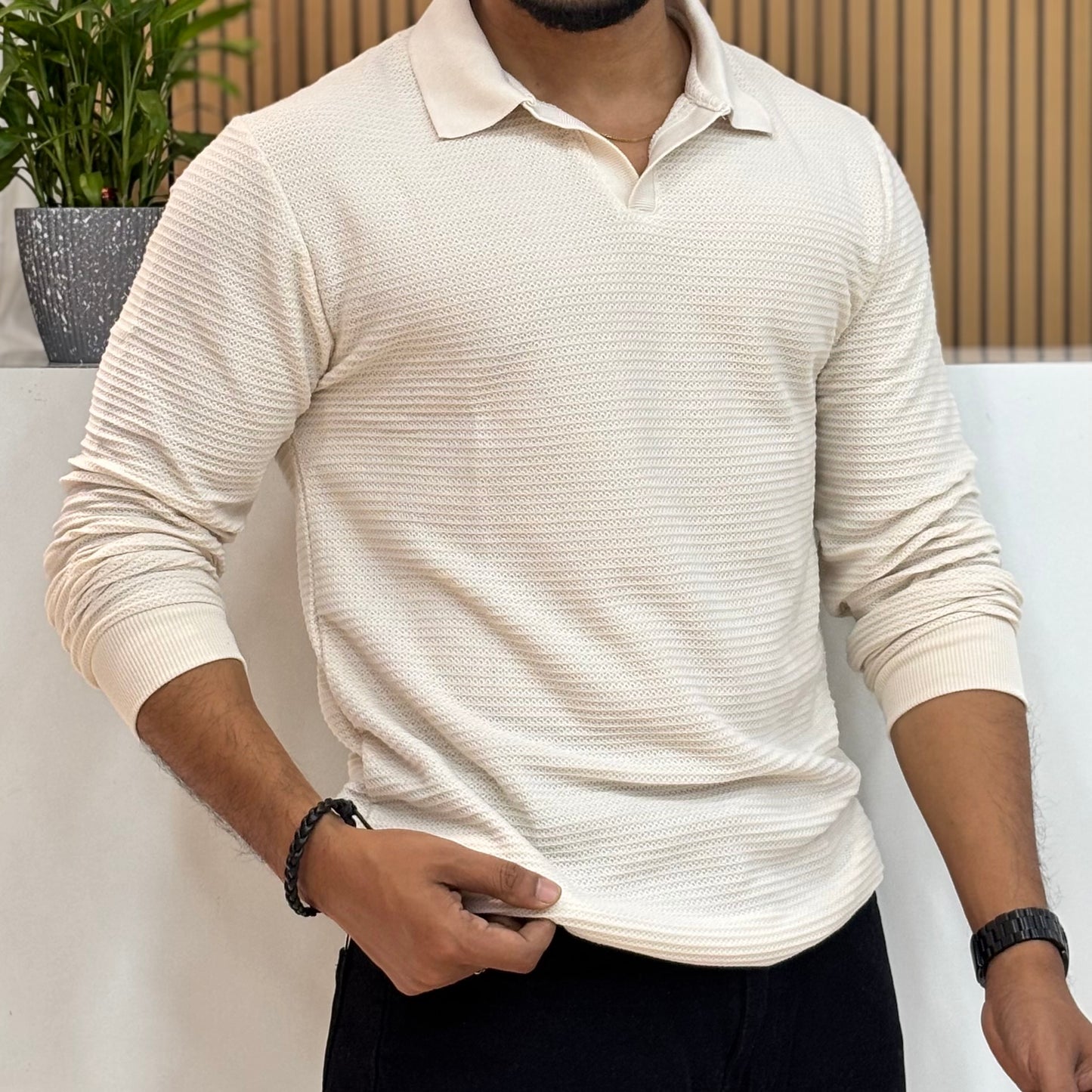 Full Sleeve Cream Polo T-Shirt