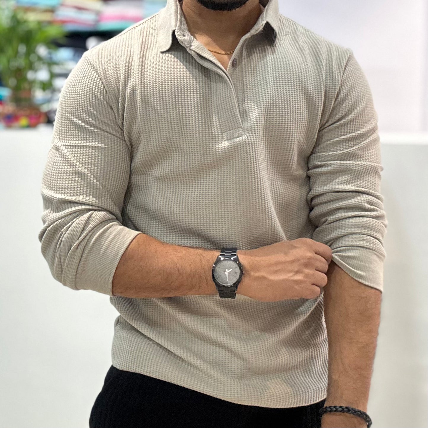 Grey Waffle Design Polo T-Shirt