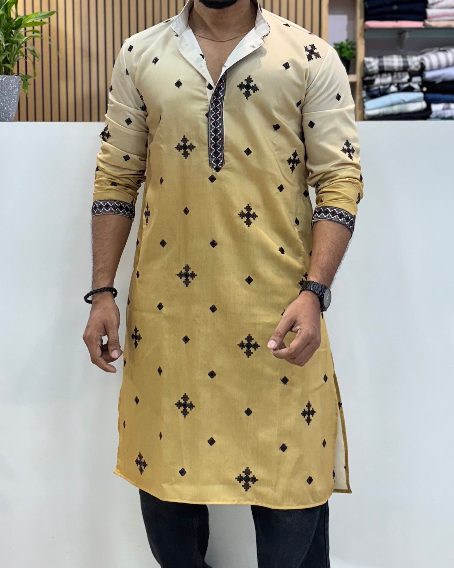 Premium Dual-Tone Embroidery Kurta Lemon