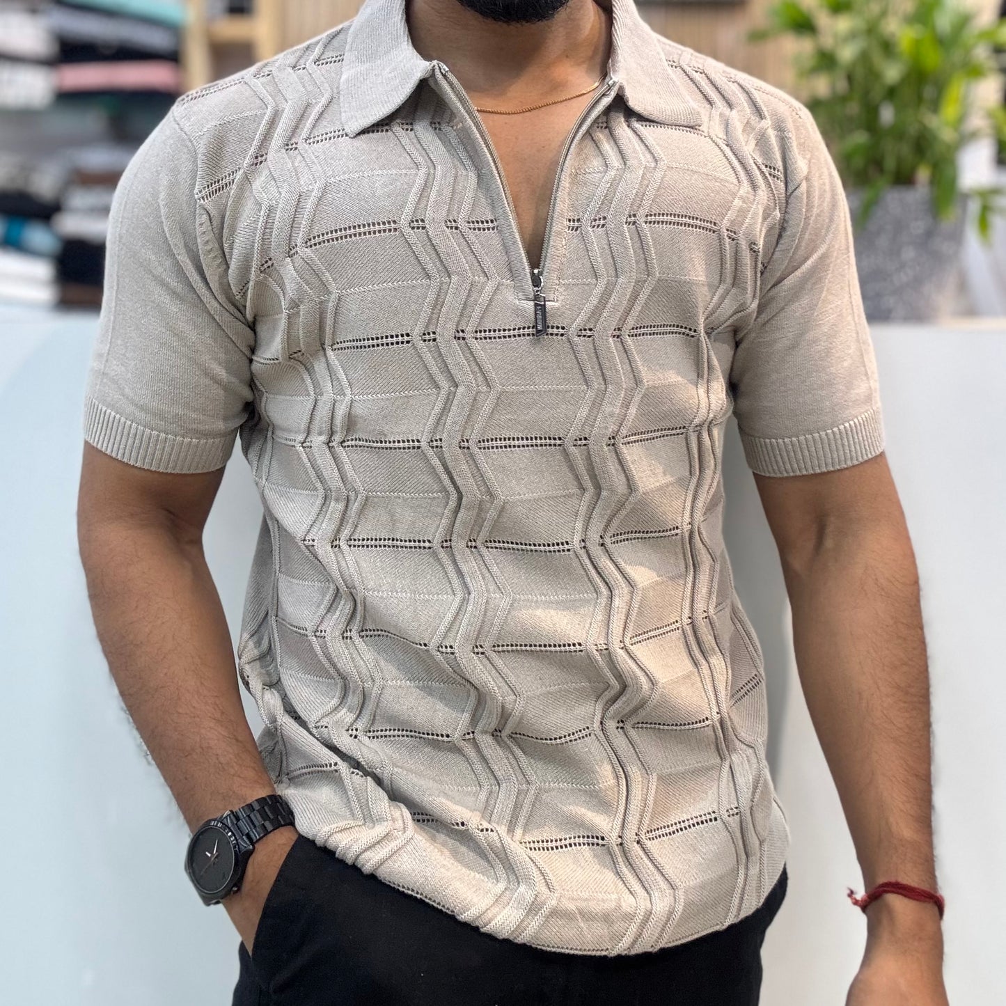 Polo Knit Zip T-shirt Grey