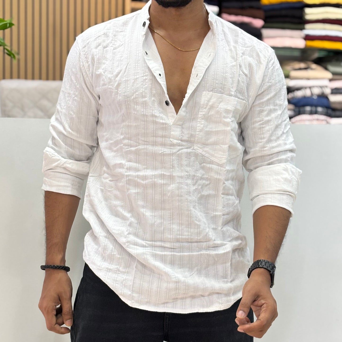 White Self Design Short Kurta