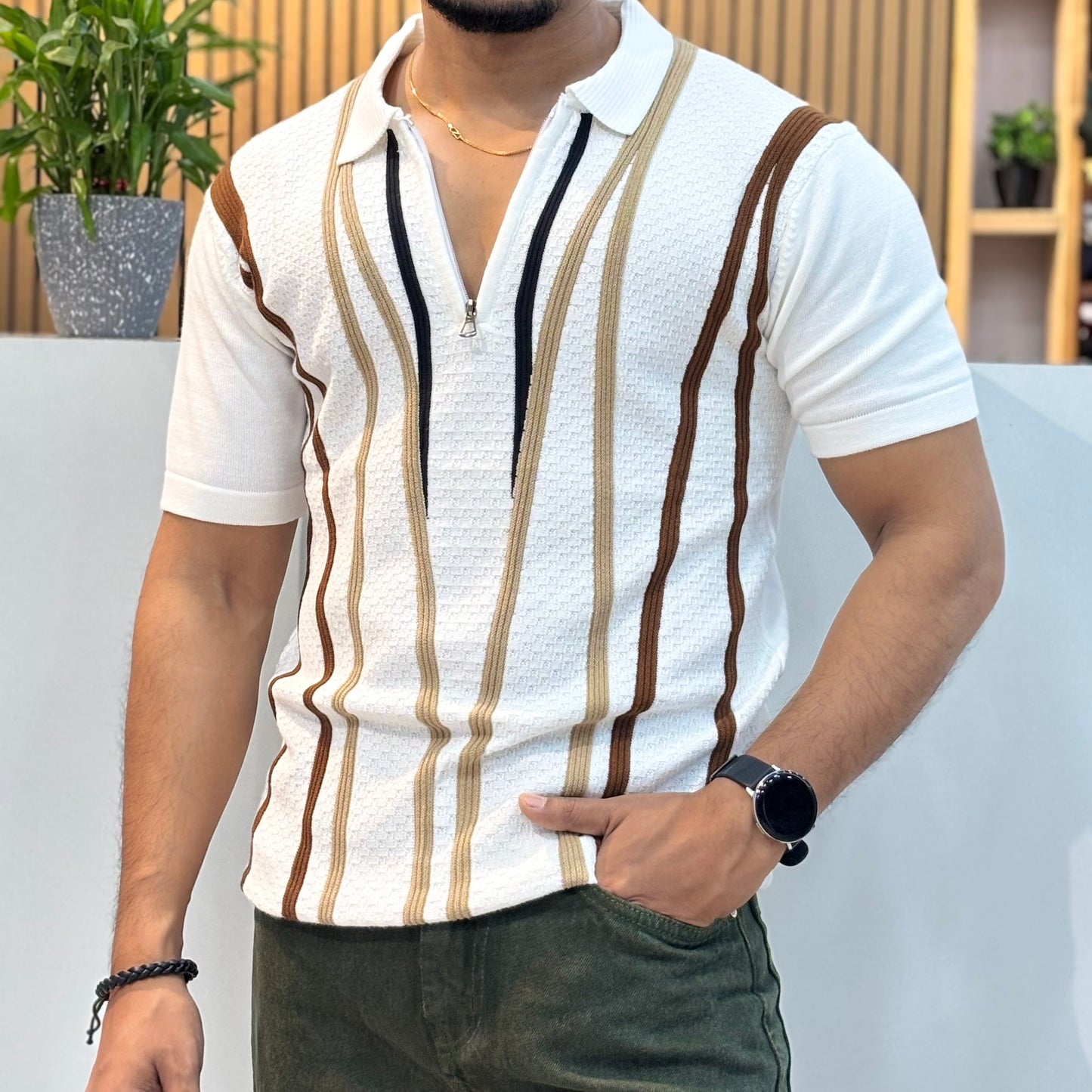 Polo Knit Cotton Blend Striped T-shirt White