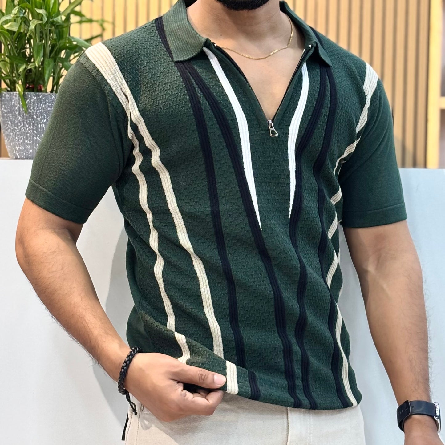 Polo Knit Cotton Blend Striped T-shirt Green