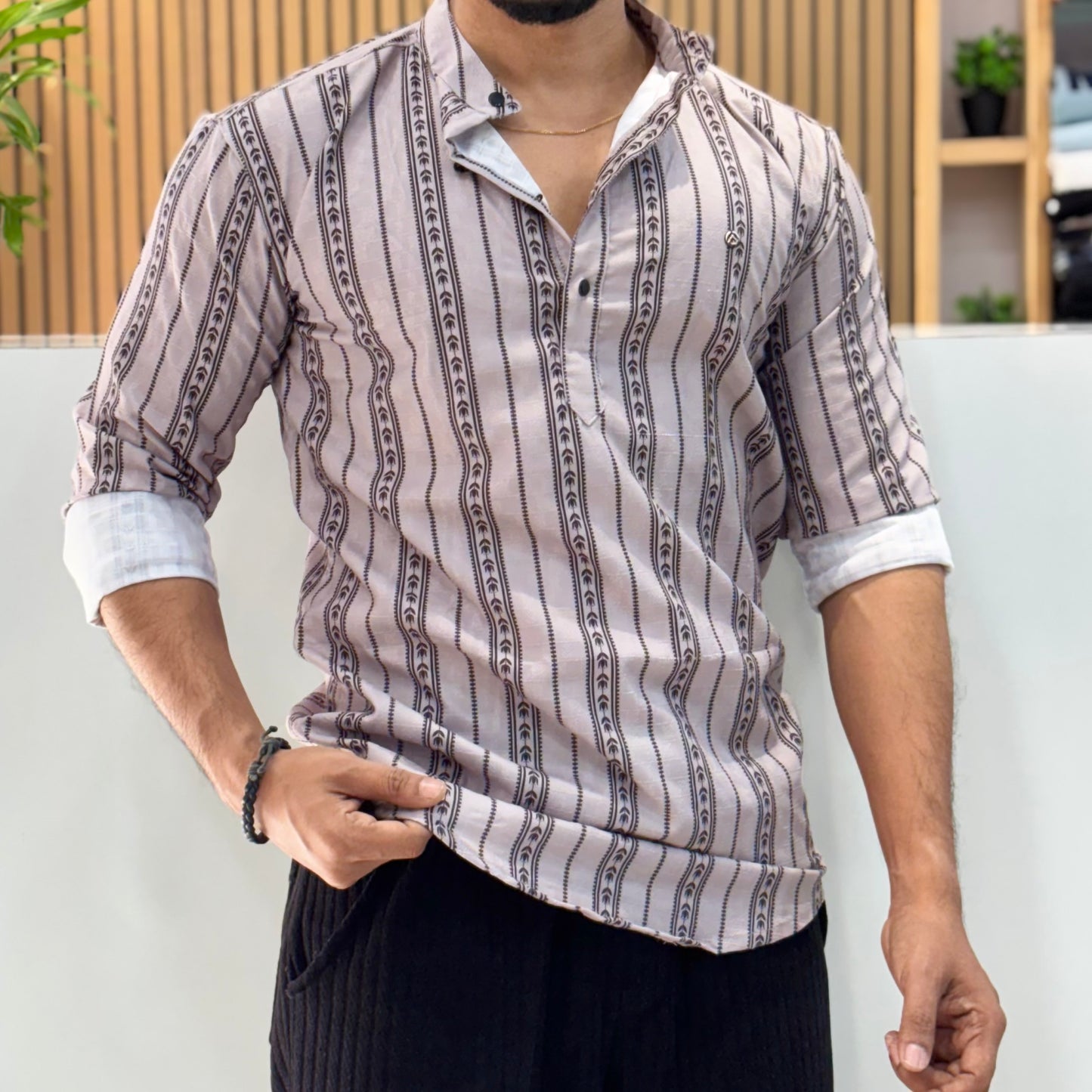 Digital Print Grey Stripe Short Kurta