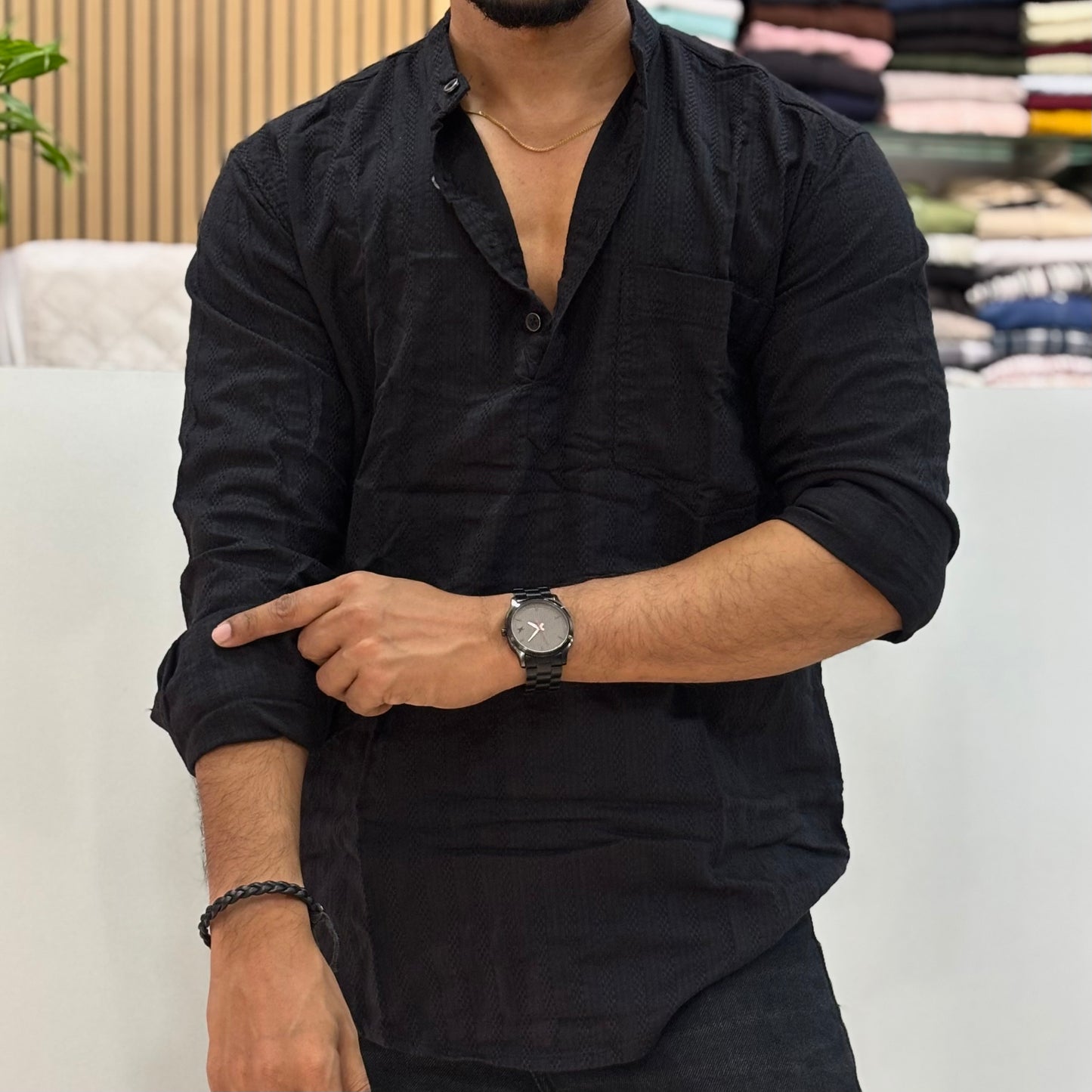 Black Self Design Short Kurta