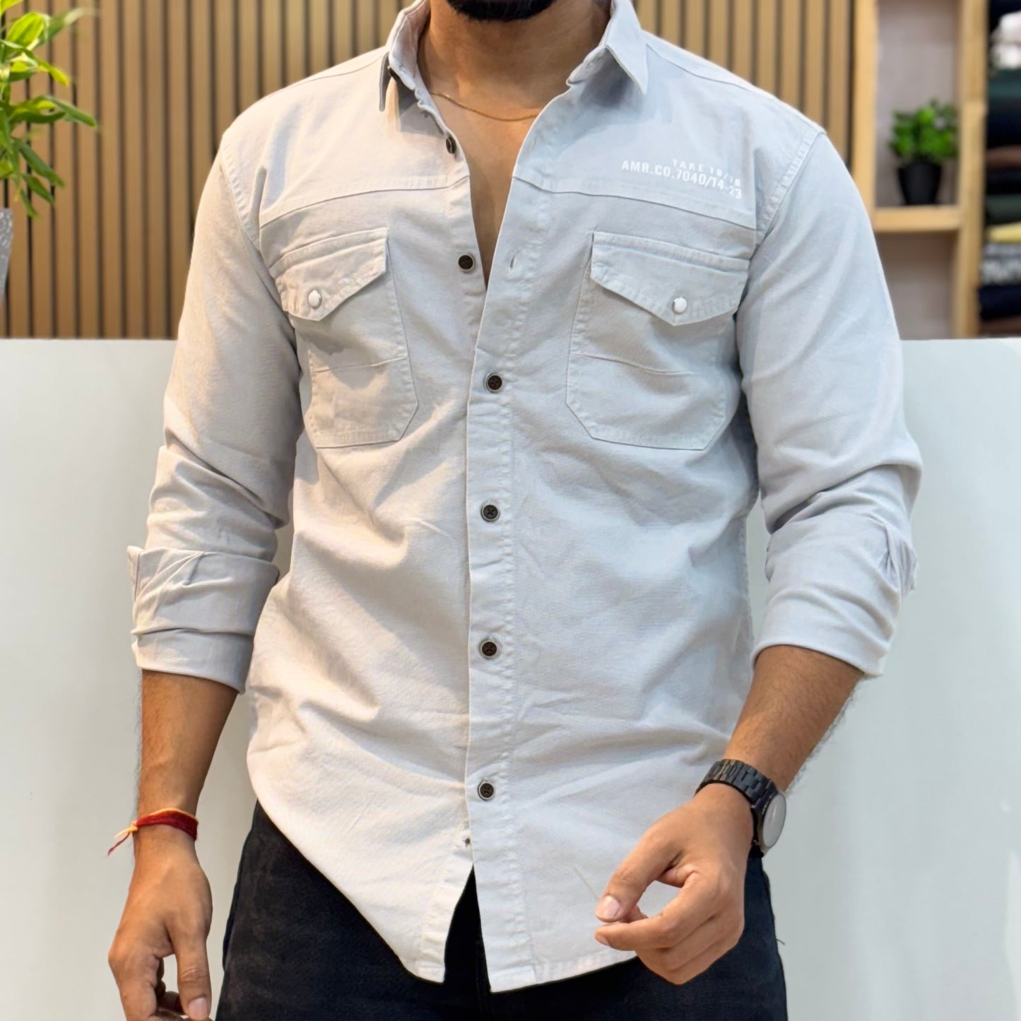 Grey Double Pocket Back Print Shirt