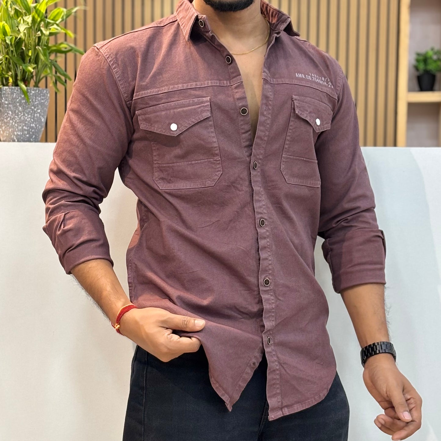 Brown Double Pocket Back Print Shirt