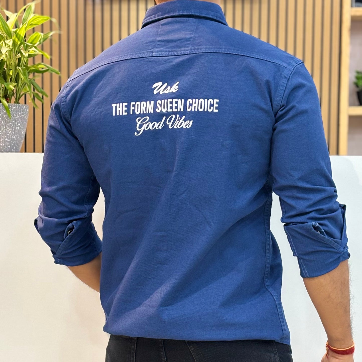 Blue Double Pocket Back Print Shirt