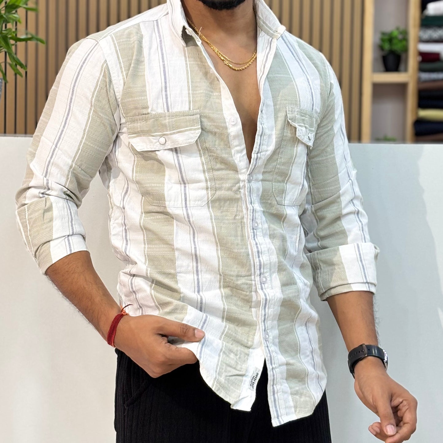 Sage Self Texture Stripe Shirt