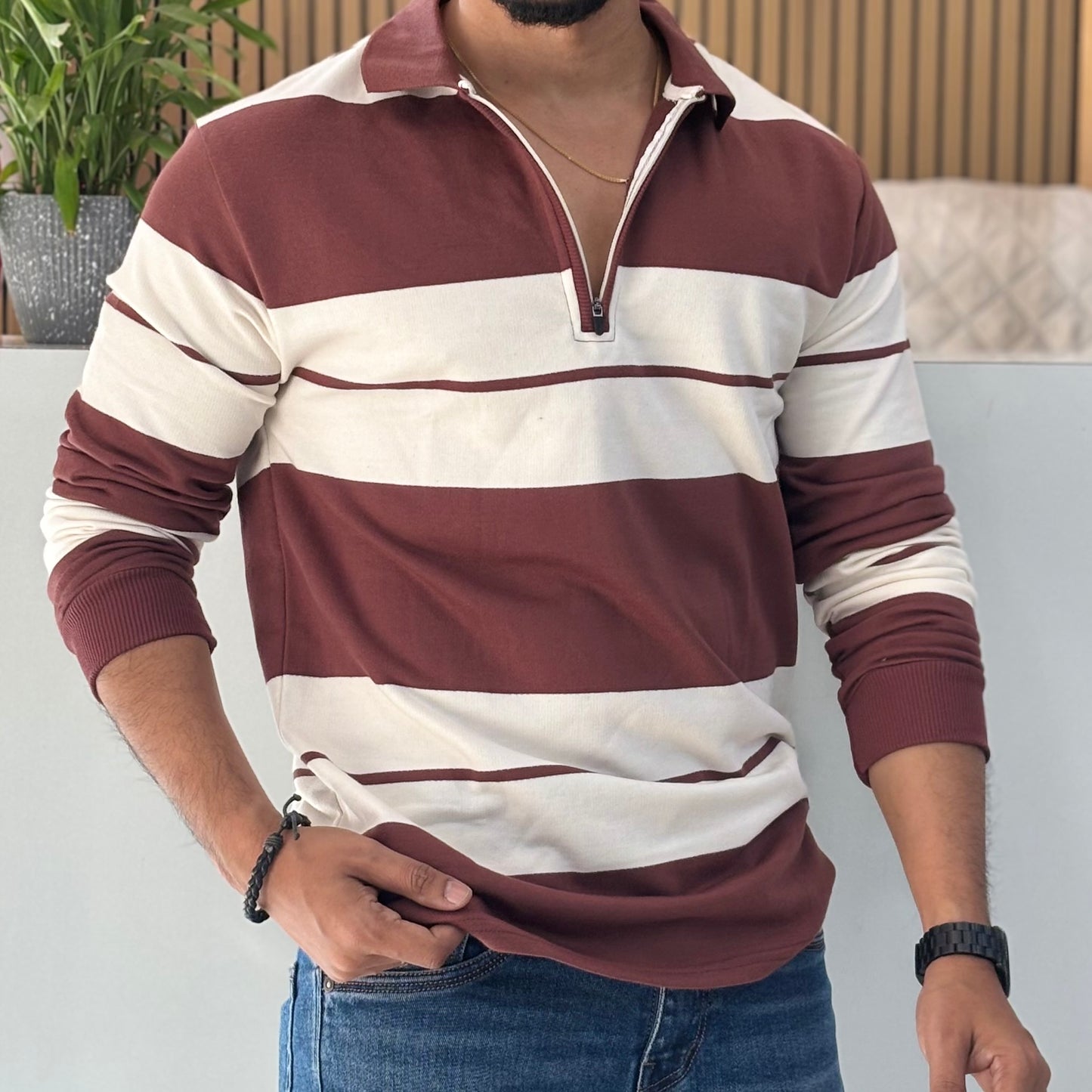 Striped Polo Collar Cotton T-shirt