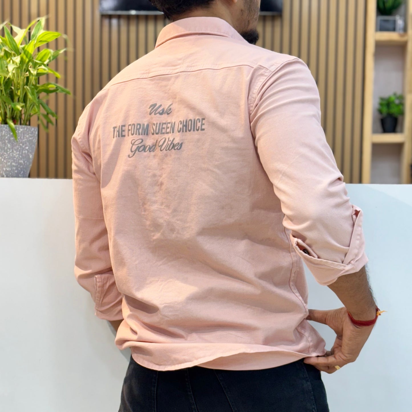 Peach Double Pocket Back Print Shirt