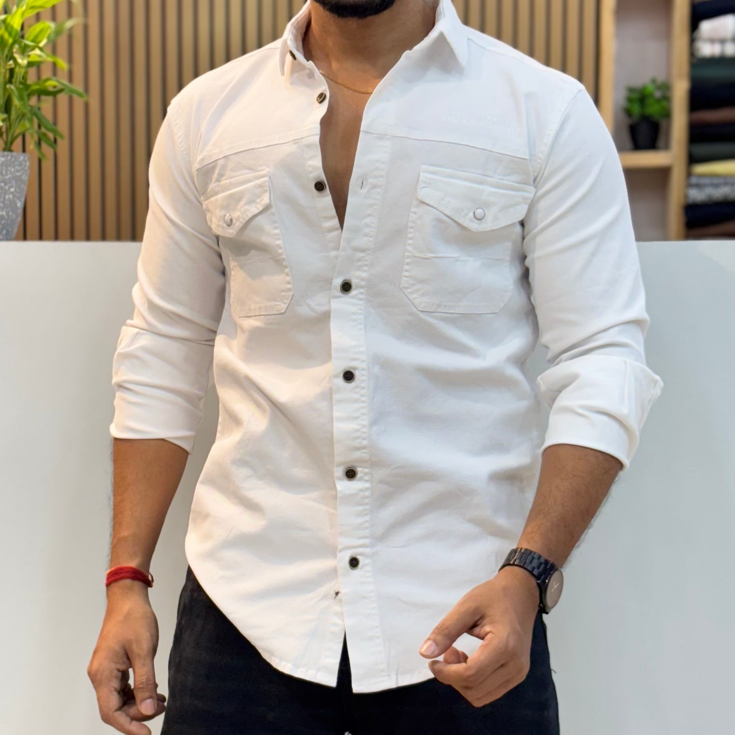 White Double Pocket Back Print Shirt