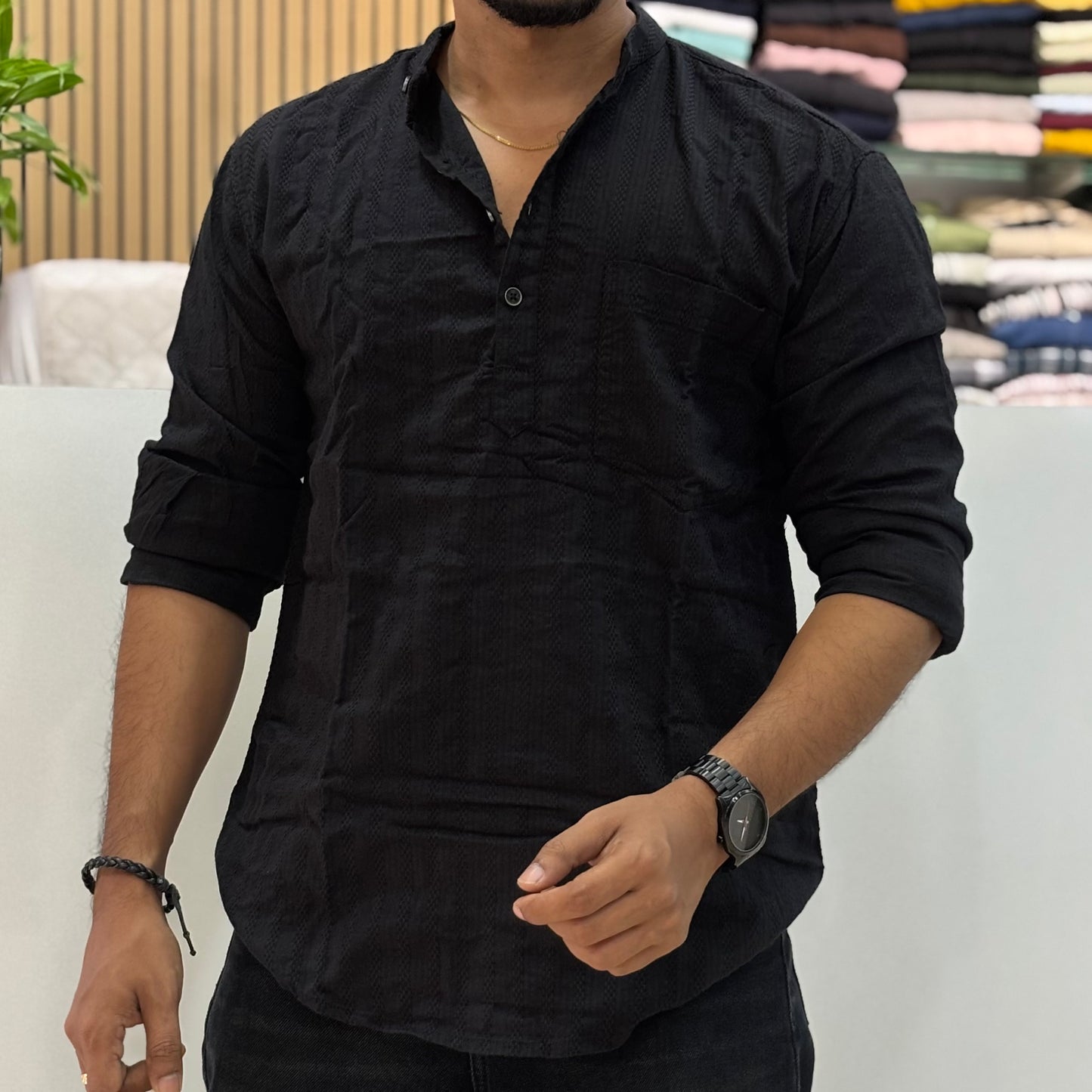 Black Self Design Short Kurta