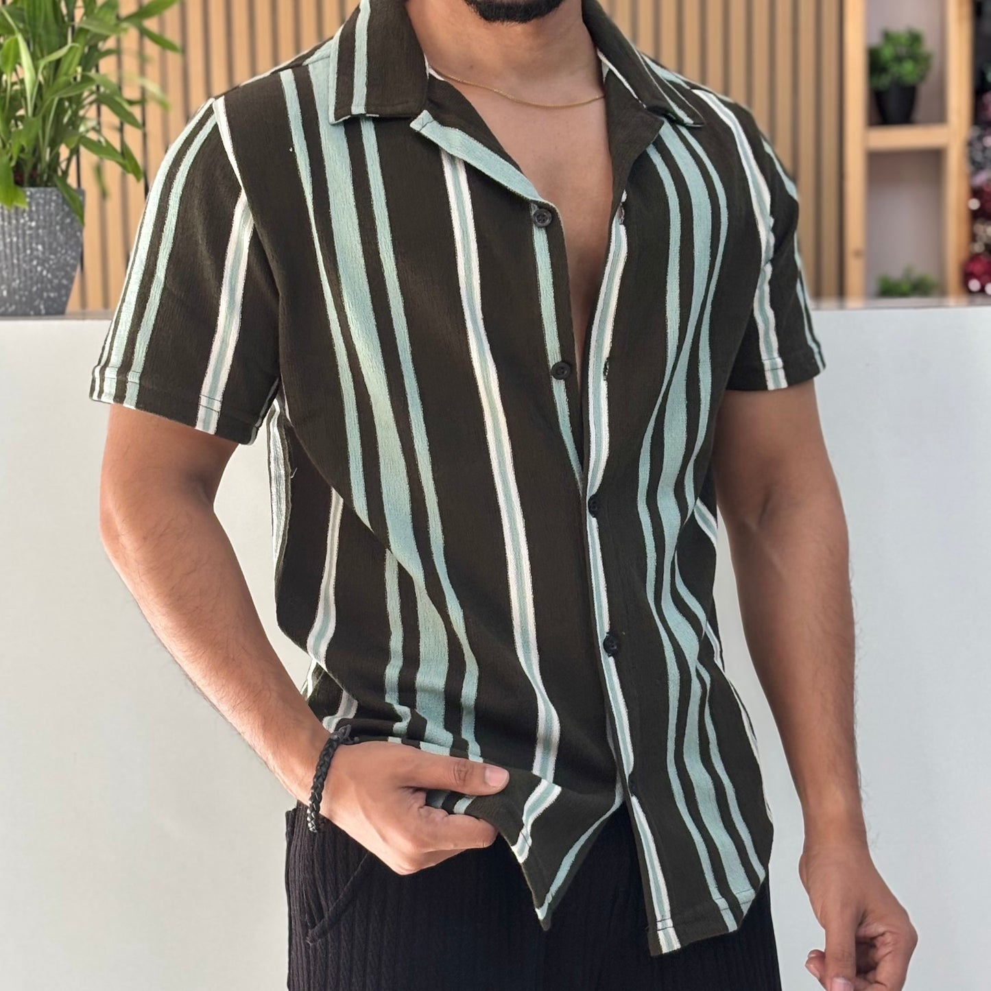 Green Striped Cuban Collar Half Sleeve Shirt