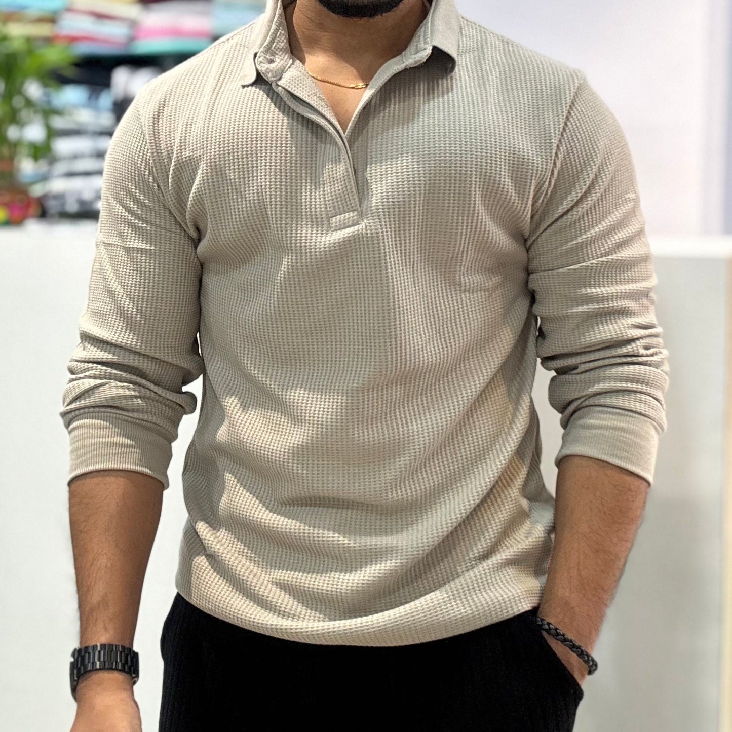 Grey Waffle Design Polo T-Shirt