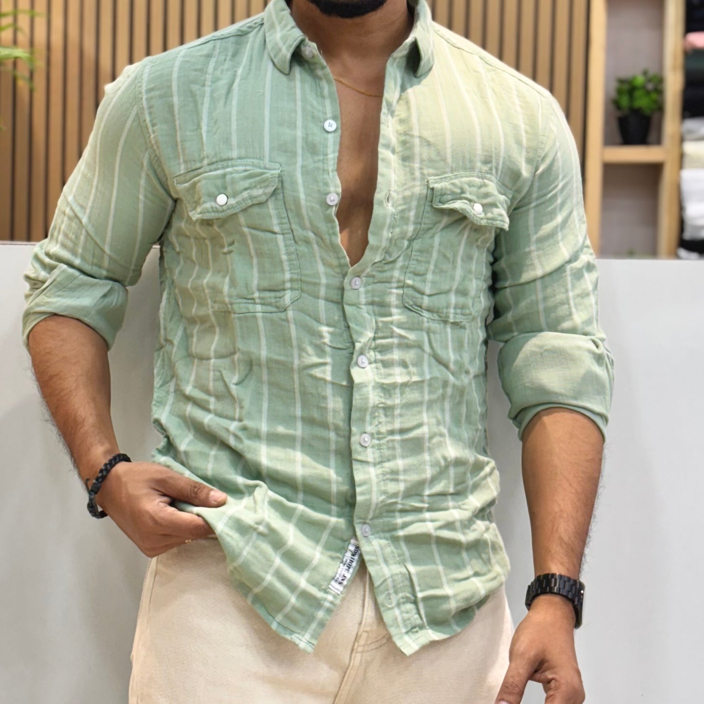 Linen Cotton Striped DP Shirt Sage Green