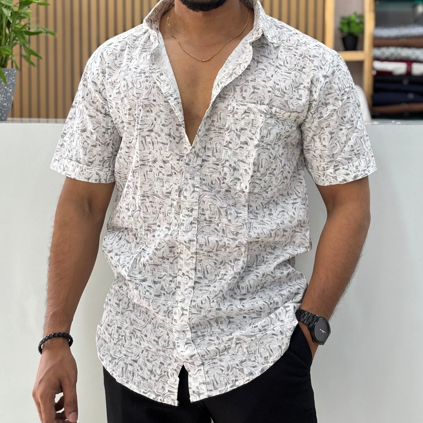 Half Sleeve Cotton Printed Shirt Grey