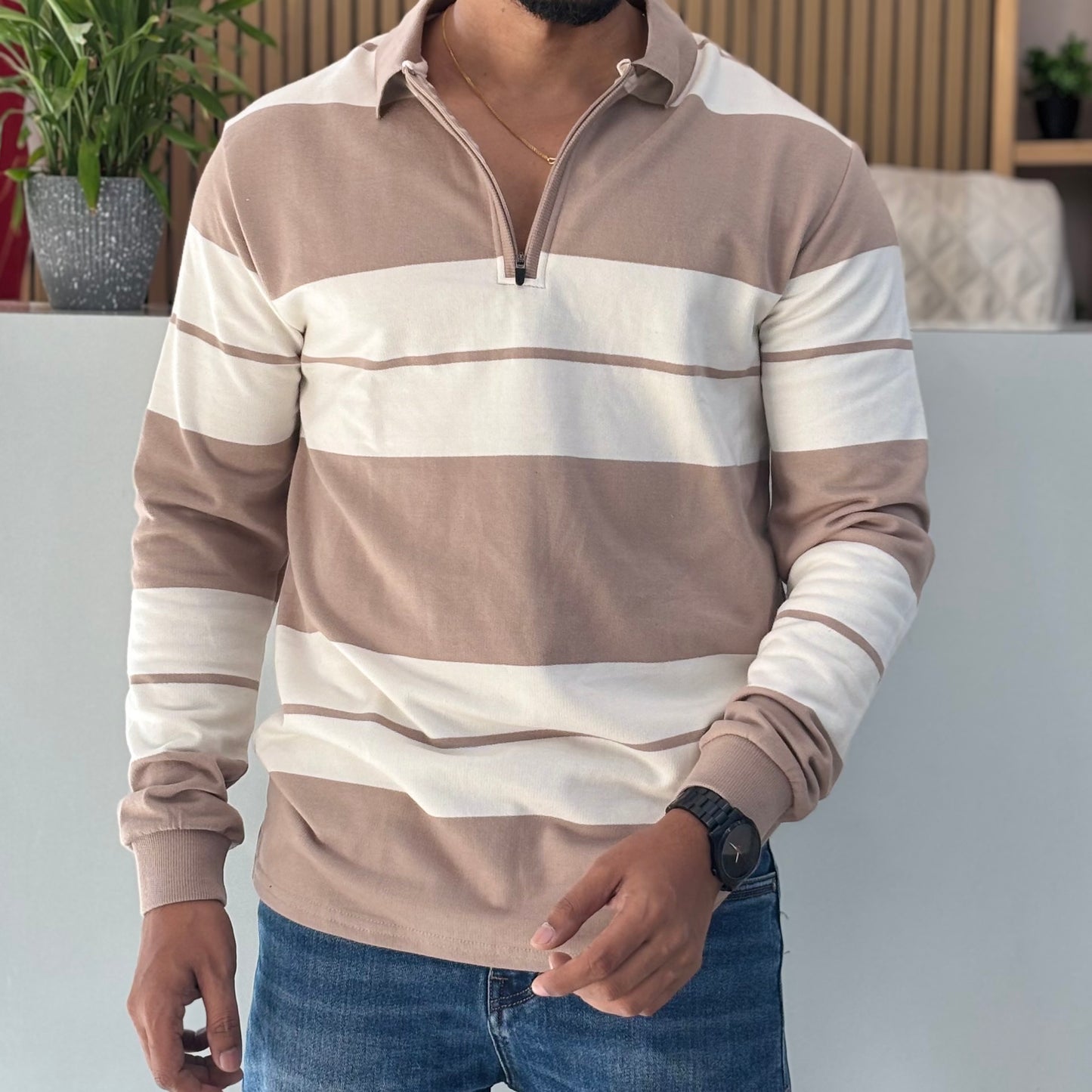 Striped Polo Collar Cotton T-shirt