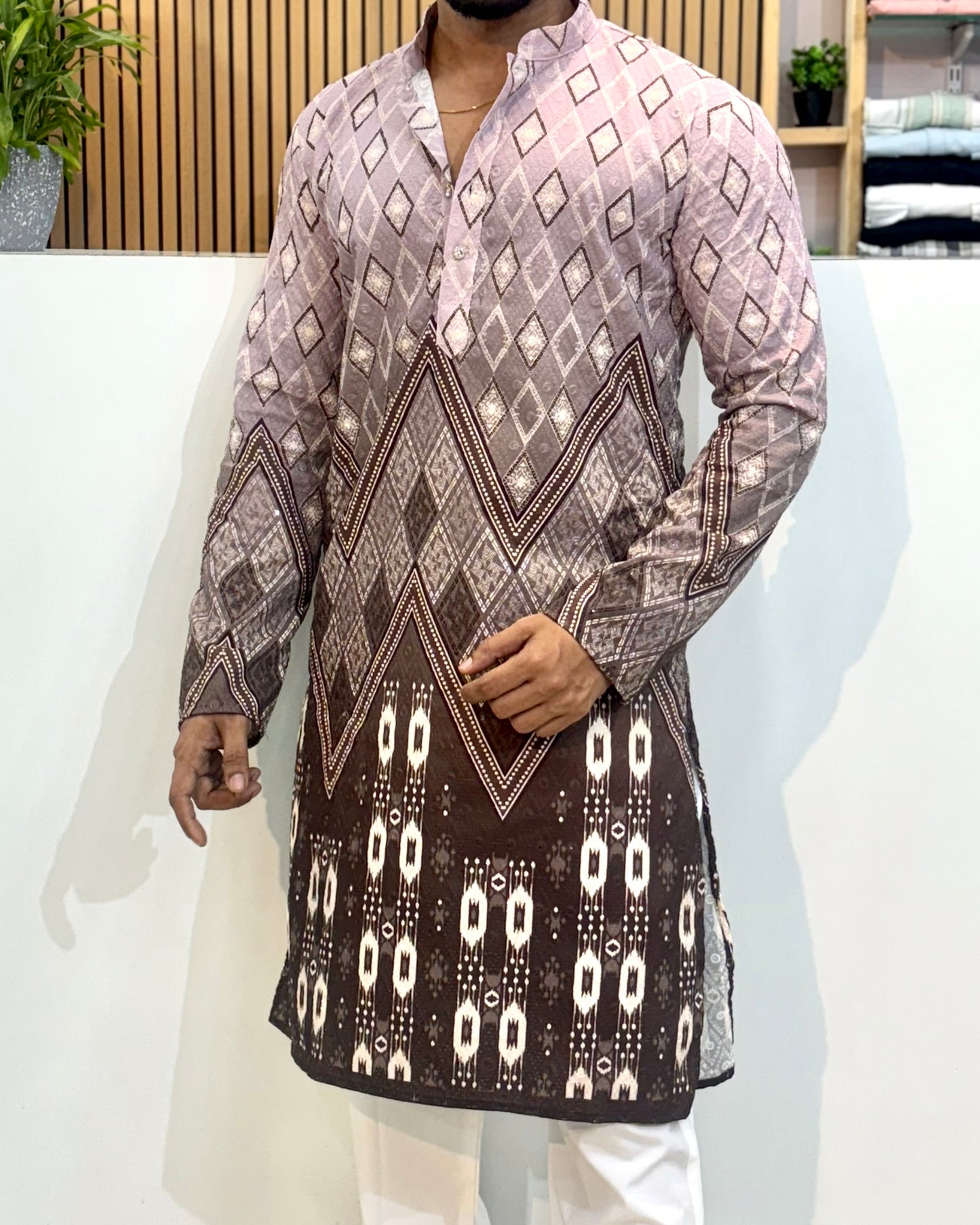 Geometric Motif Cotton Kurta With Crochet & Digital Print Brown