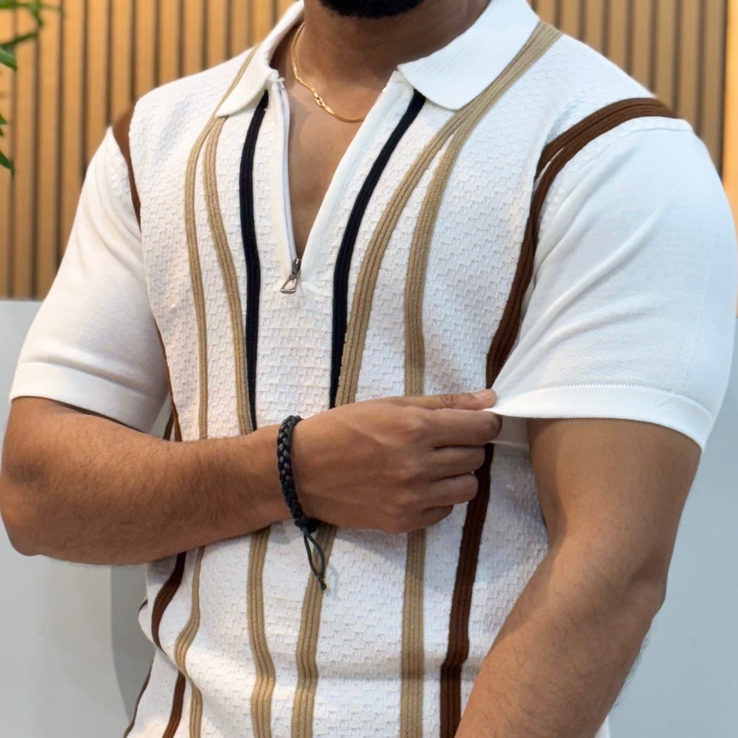 Polo Knit Cotton Blend Striped T-shirt White