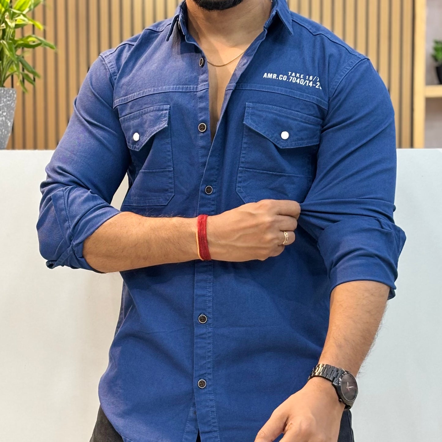 Blue Double Pocket Back Print Shirt