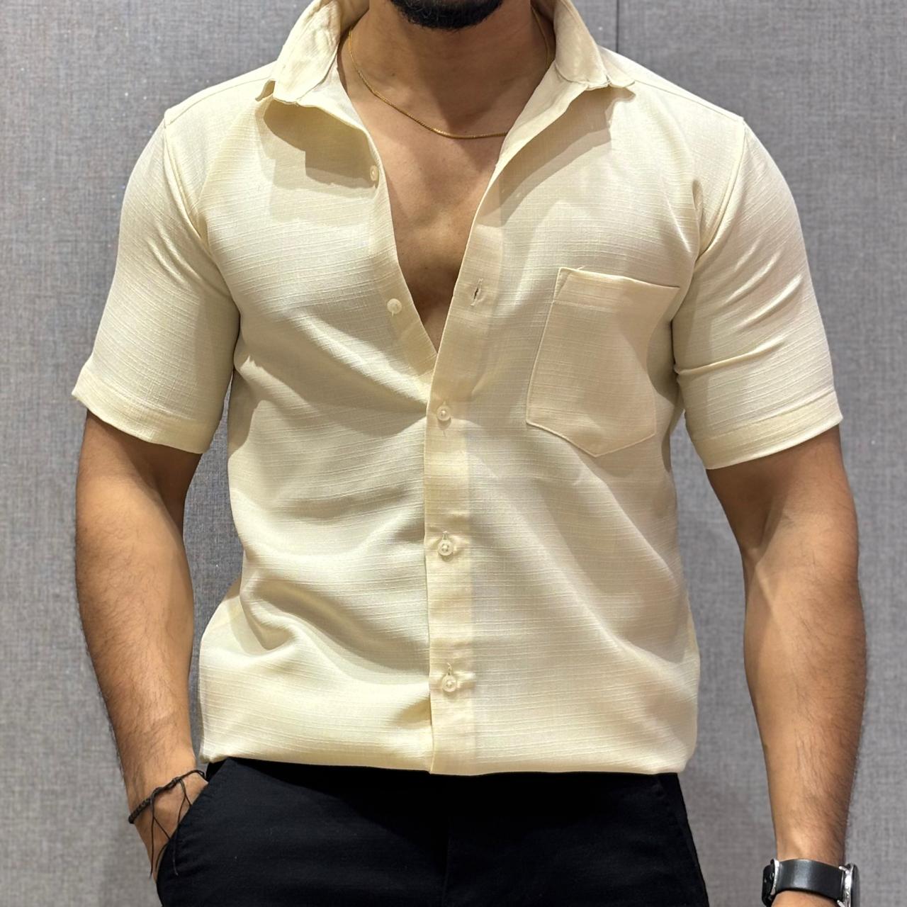 Cream Half Sleeve Linen Shirt