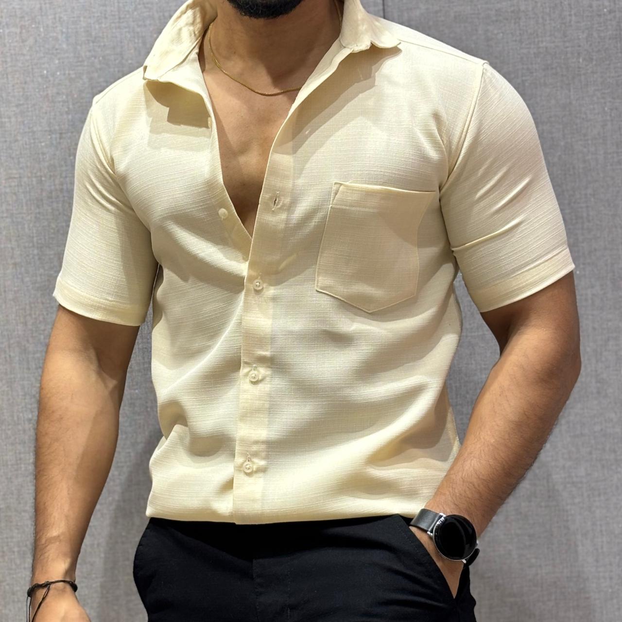 Cream Half Sleeve Linen Shirt