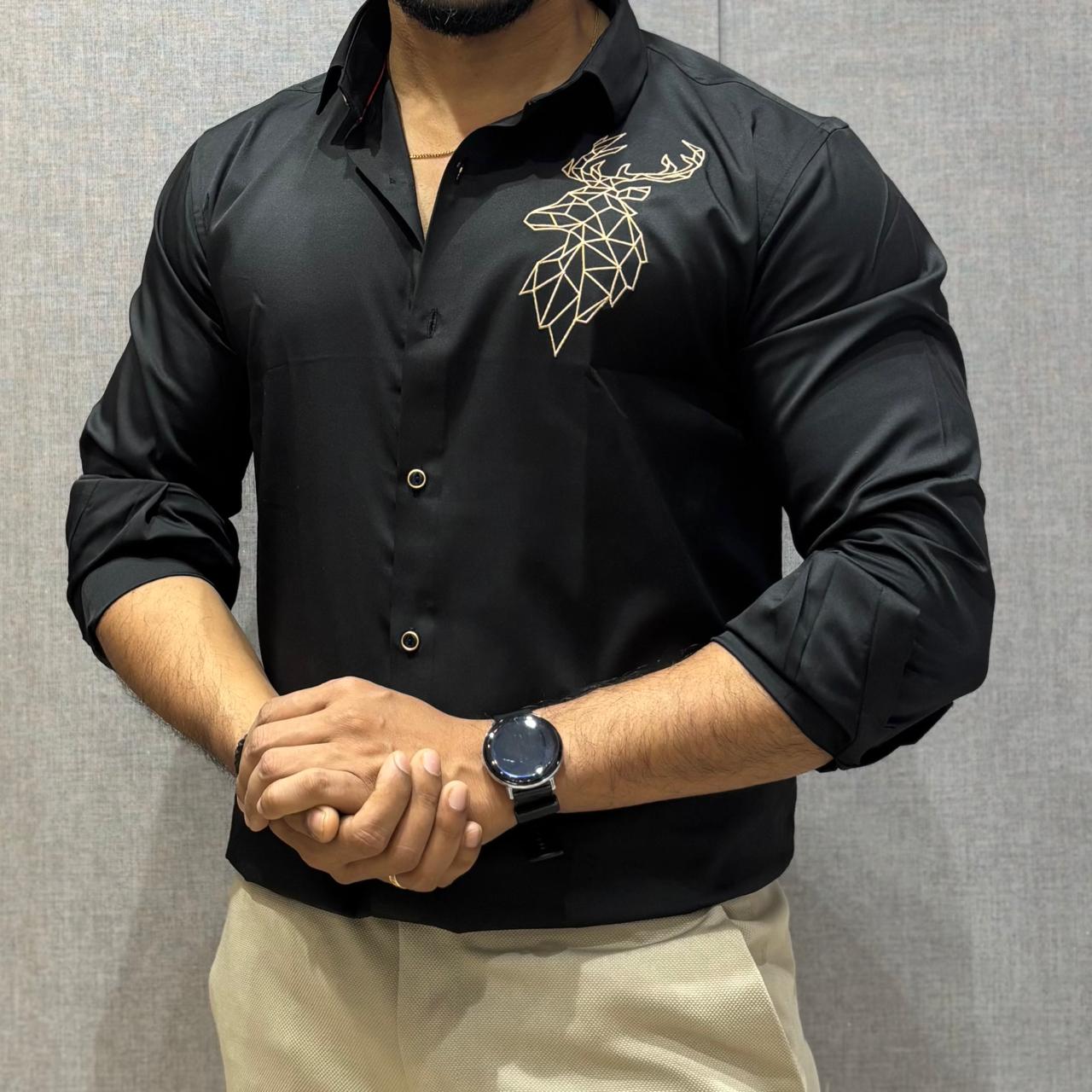DEER EMBROIDERED BLACK COTTON SHIRT