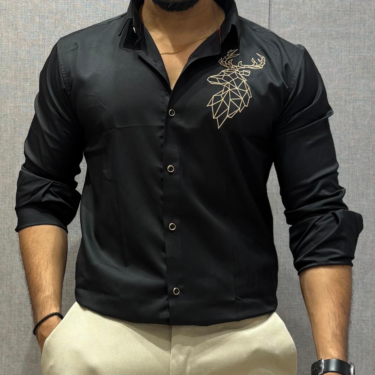 DEER EMBROIDERED BLACK COTTON SHIRT