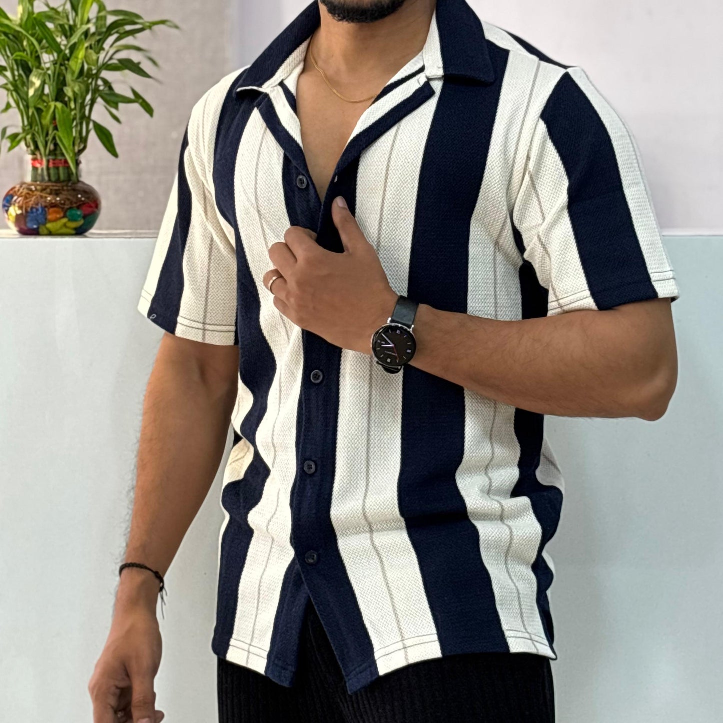 Cuban Collar Navy Blue Striped Half Shirt
