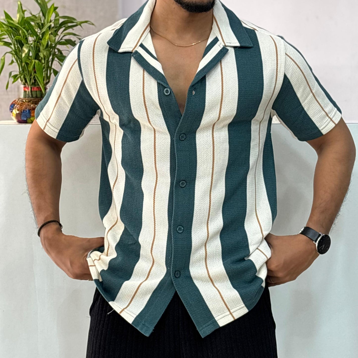 Cuban Collar Green Striped Half Shirt