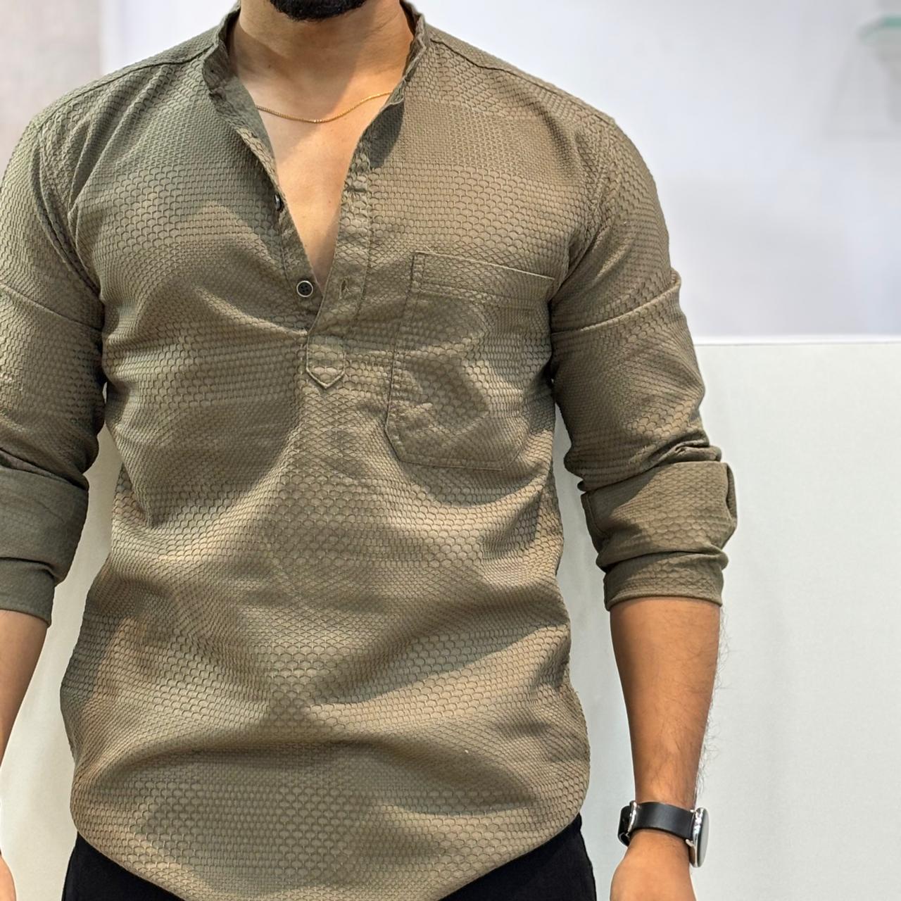 Olive Green Honey Texture Short Kurta