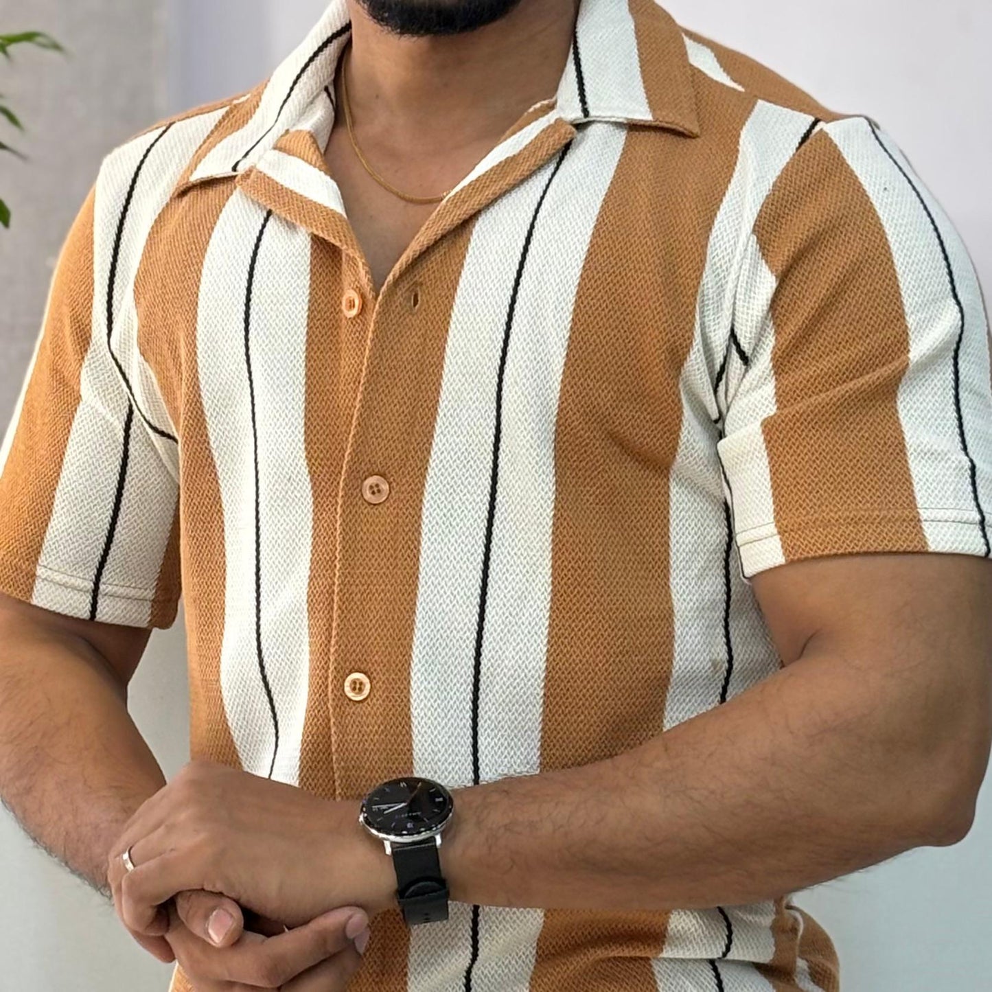 Cuban Collar Yellow Striped Half Shirt