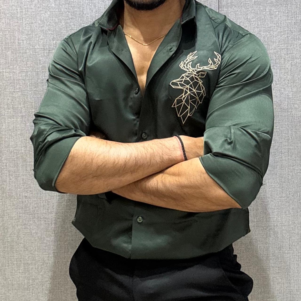DEER EMBROIDERED GREEN COTTON SATIN SHIRT