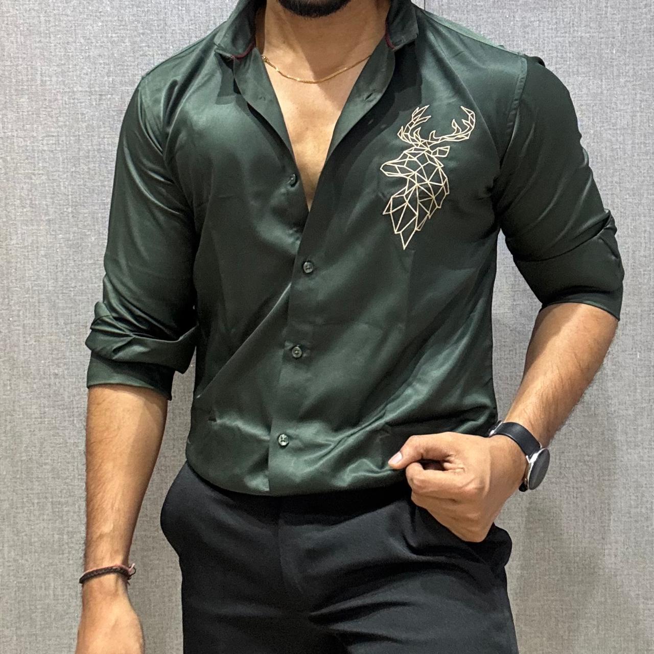 DEER EMBROIDERED GREEN COTTON SATIN SHIRT